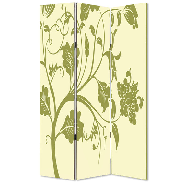 3 Panel Room Divider with Stems and Flower Pattern, Cream and Green