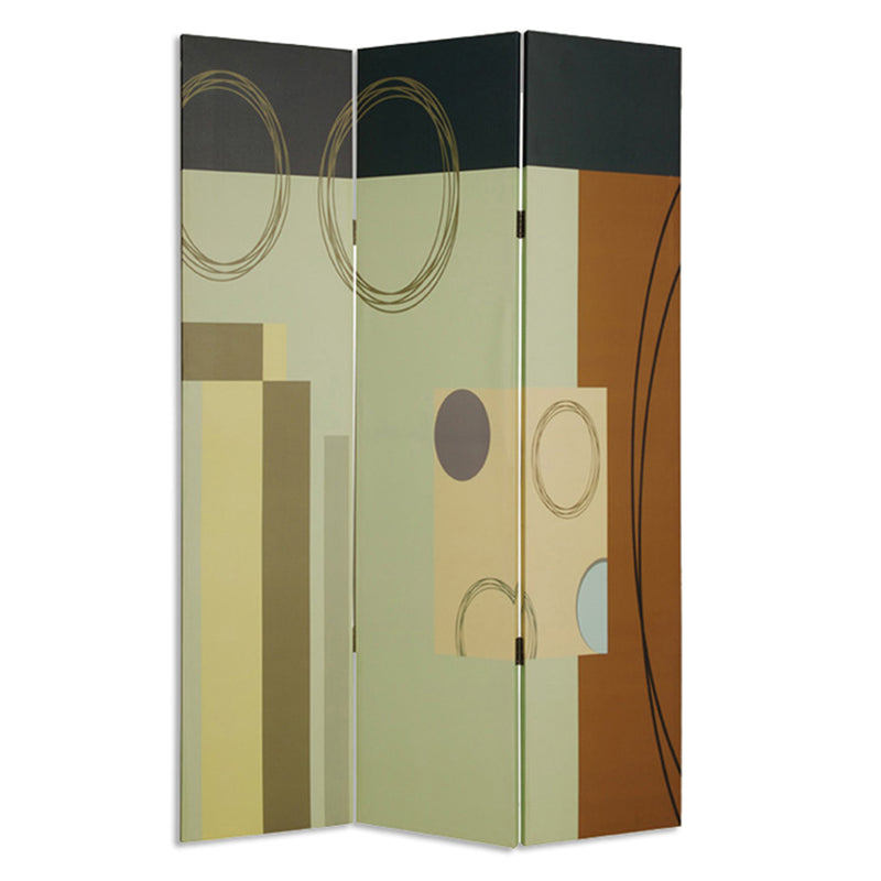 Wooden 3 Panel Canvas Room Divider with Geometric Pattern, Multicolor-zoom-