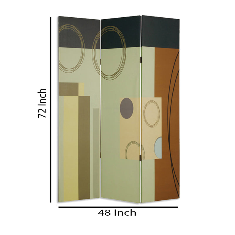 Wooden 3 Panel Canvas Room Divider with Geometric Pattern, Multicolor-zoom-