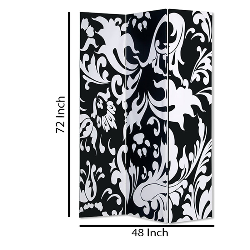 3 Panel Foldable Room Divider with Filigree Design, Black and White-zoom-