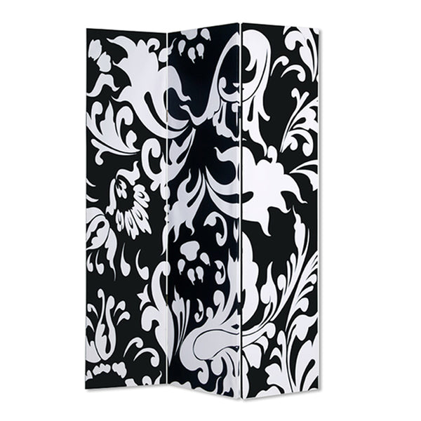 3 Panel Foldable Room Divider with Filigree Design, Black and White