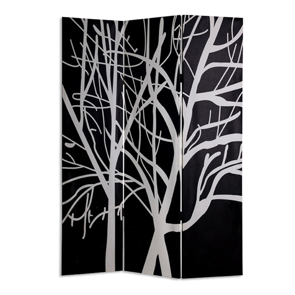 3 Panel Canvas Room Divider with Branch Pattern, Black and White-zoom-1