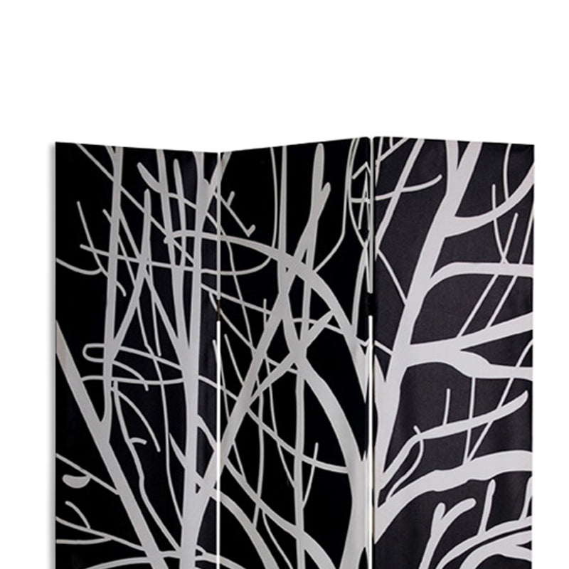 3 Panel Canvas Room Divider with Branch Pattern, Black and White-zoom-