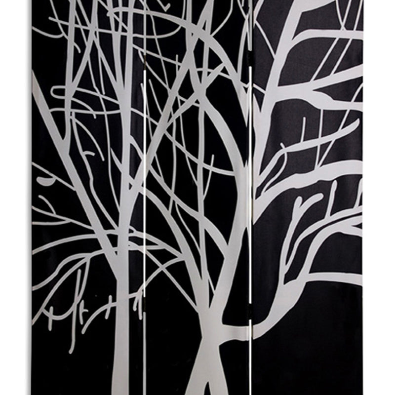 3 Panel Canvas Room Divider with Branch Pattern, Black and White-zoom-