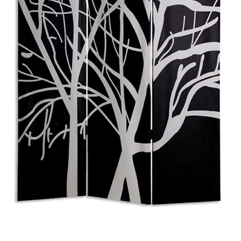 3 Panel Canvas Room Divider with Branch Pattern, Black and White-zoom-