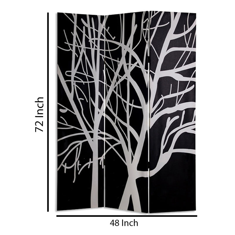 3 Panel Canvas Room Divider with Branch Pattern, Black and White-zoom-