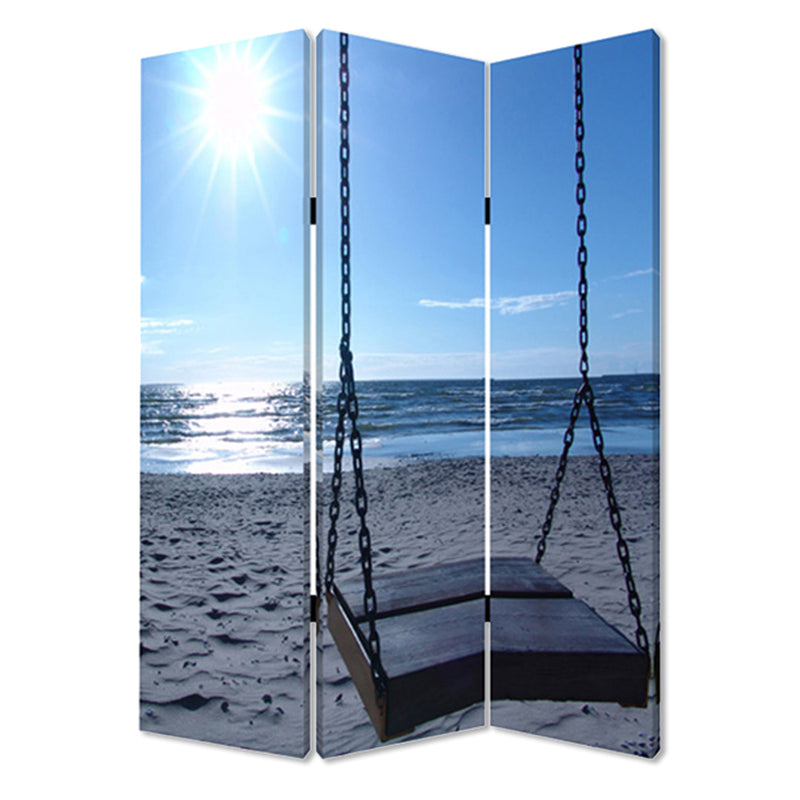 Wooden 3 Panel Room Divider with Seaside Screen Pattern, Blue and Gray-zoom-