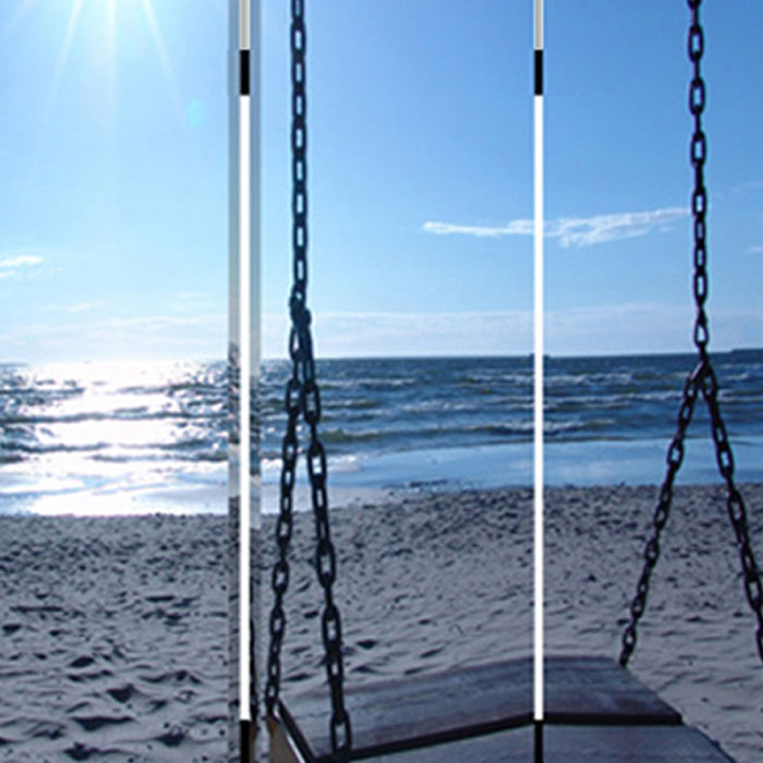 Wooden 3 Panel Room Divider with Seaside Screen Pattern, Blue and Gray-zoom-