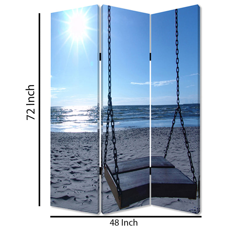 Wooden 3 Panel Room Divider with Seaside Screen Pattern, Blue and Gray-zoom-