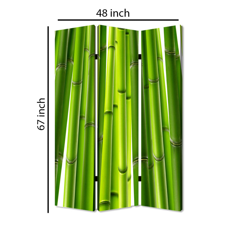 3 Panel Foldable Room Divider with Bamboo Design Print, Green-zoom-