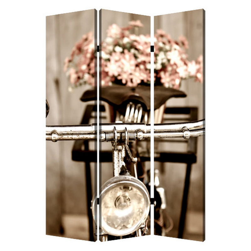 3 Panel Flowers and Cycle Print Foldable Room Divider, Pink and Brown-zoom-