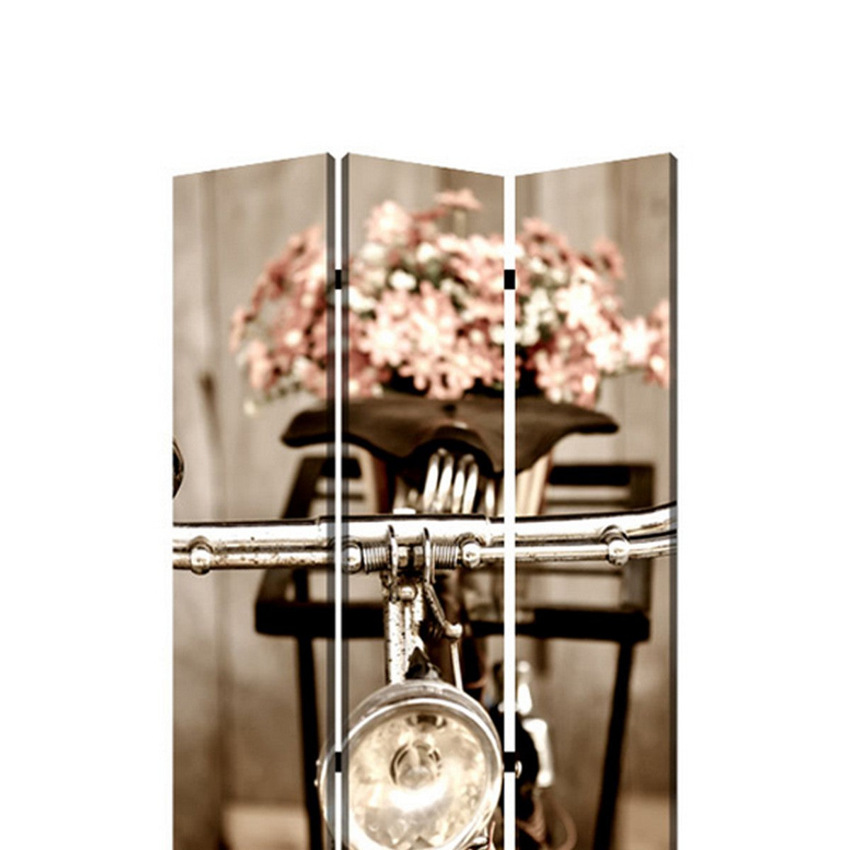 3 Panel Flowers and Cycle Print Foldable Room Divider, Pink and Brown-zoom-2