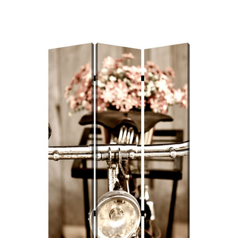 3 Panel Flowers and Cycle Print Foldable Room Divider, Pink and Brown-zoom-