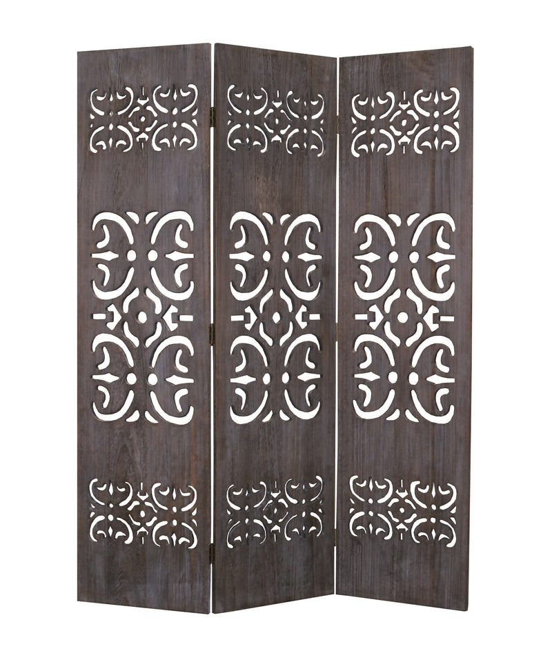 3 Panel Shinto Cut Out Design Foldable Room Divider, Brown-zoom-