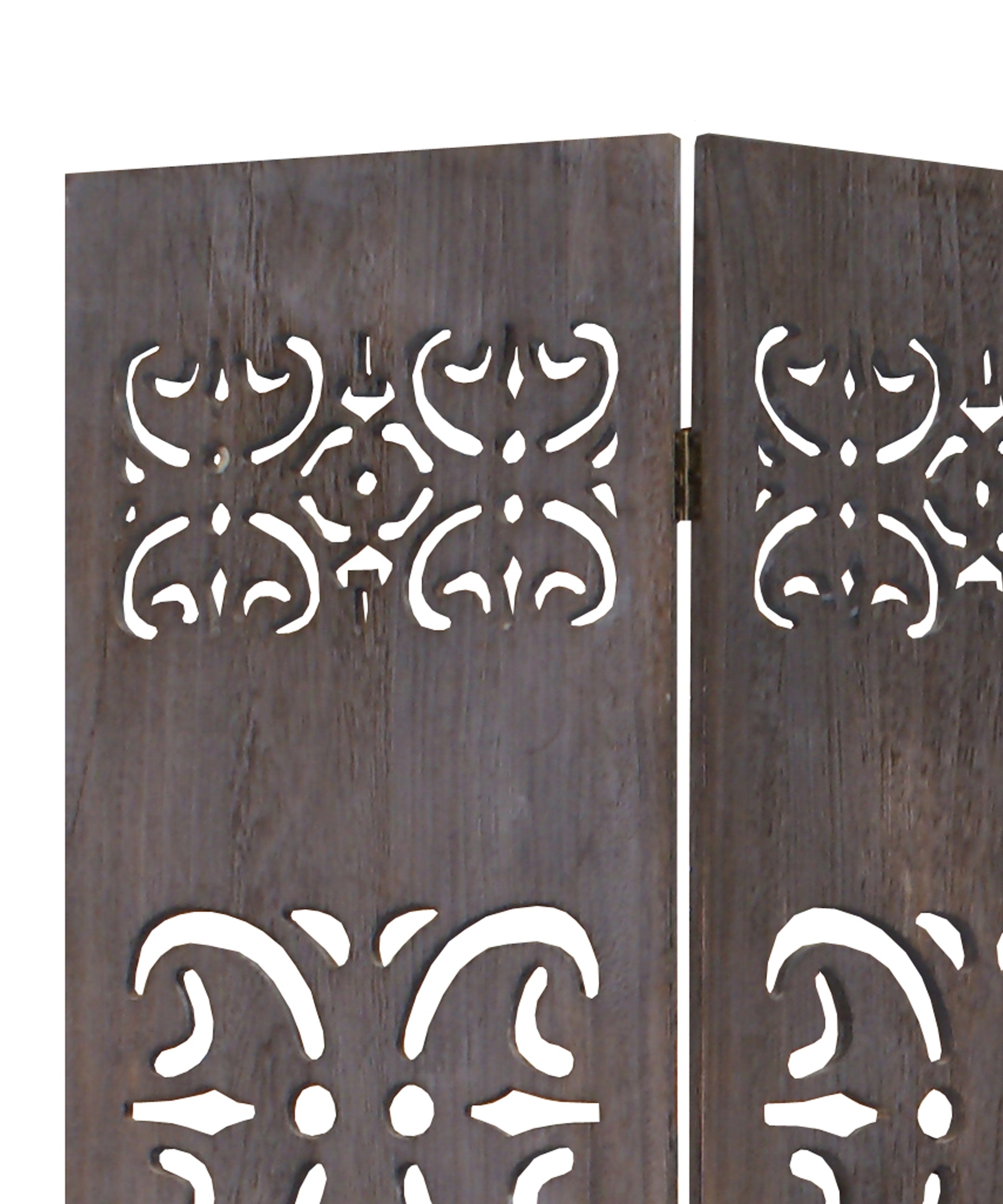 3 Panel Shinto Cut Out Design Foldable Room Divider, Brown-zoom-2