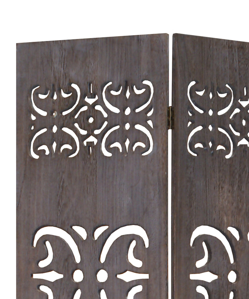 3 Panel Shinto Cut Out Design Foldable Room Divider, Brown-zoom-