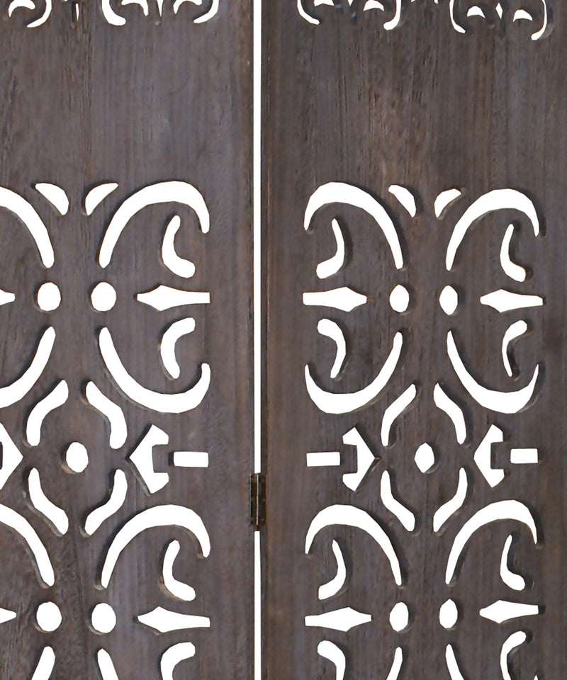 3 Panel Shinto Cut Out Design Foldable Room Divider, Brown-zoom-