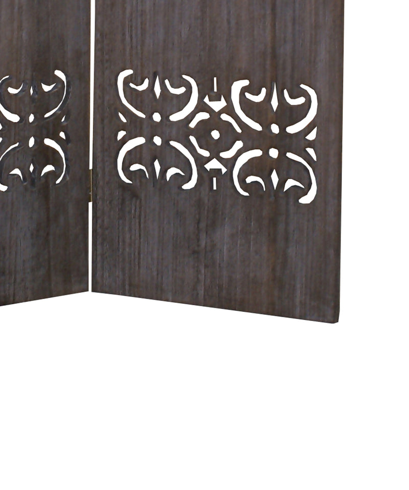 3 Panel Shinto Cut Out Design Foldable Room Divider, Brown-zoom-