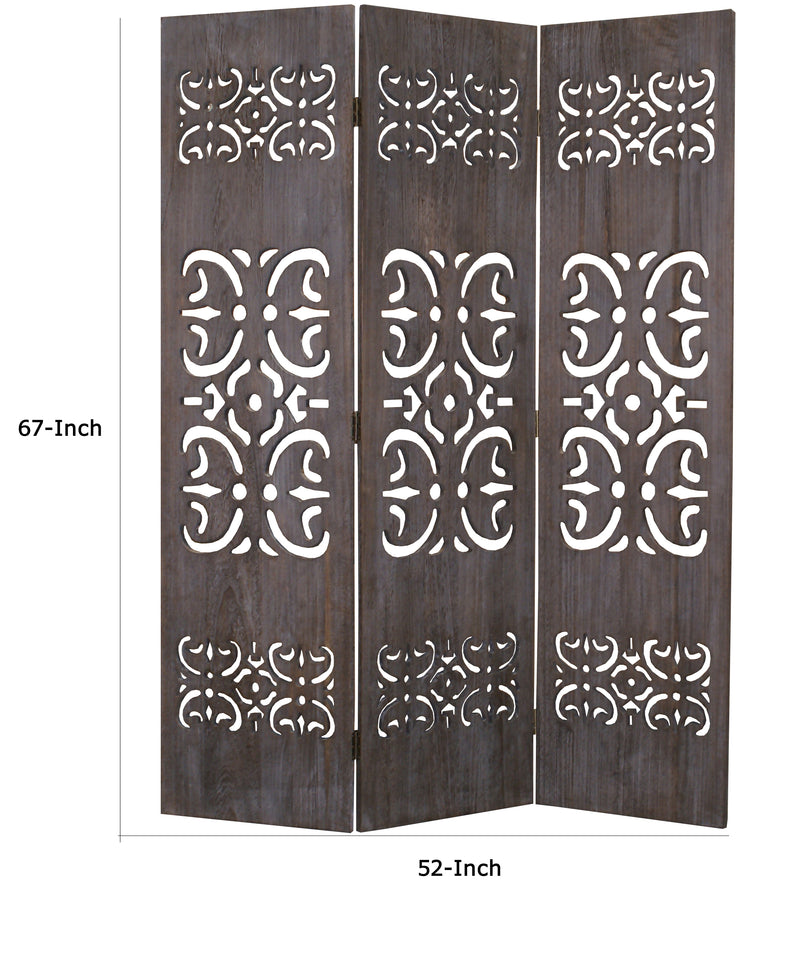 3 Panel Shinto Cut Out Design Foldable Room Divider, Brown-zoom-