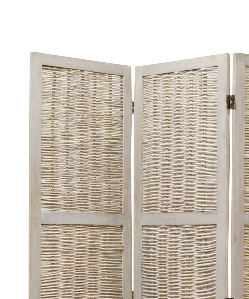 Cottage Style 3 Panel Room Divider with Willow Weaving, Gray-zoom-