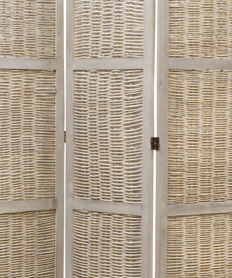 Cottage Style 3 Panel Room Divider with Willow Weaving, Gray-zoom-