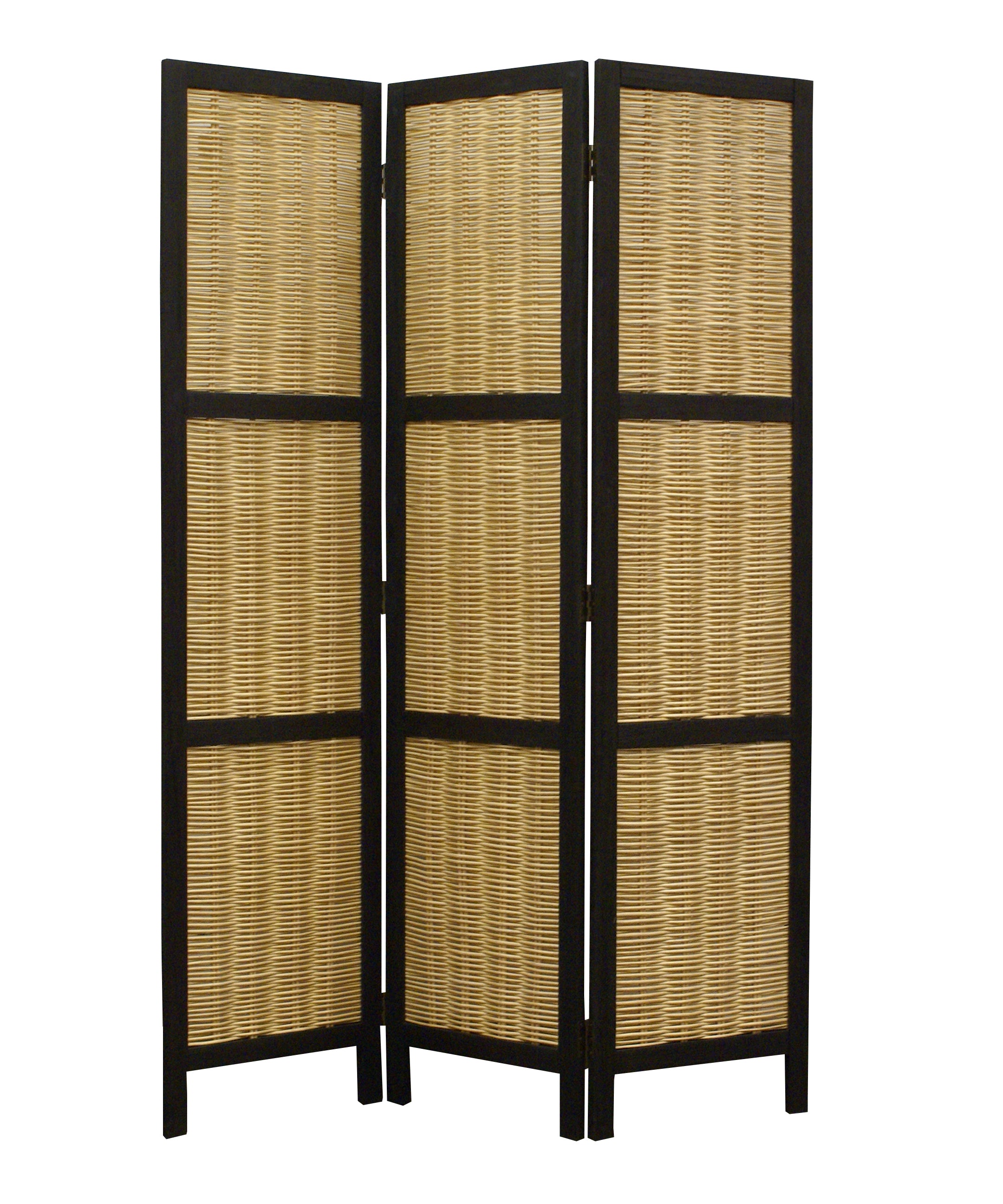 Cottage Style 3 Panel Room Divider with Willow Weaving, Black and Brown-zoom-1