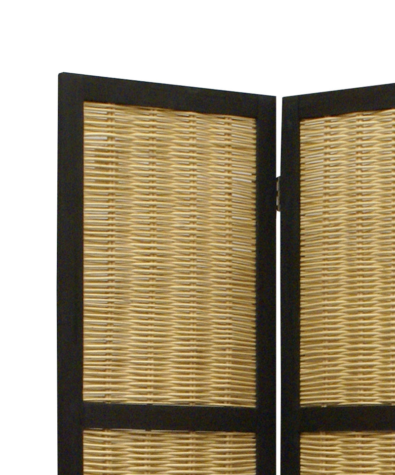 Cottage Style 3 Panel Room Divider with Willow Weaving, Black and Brown-zoom-