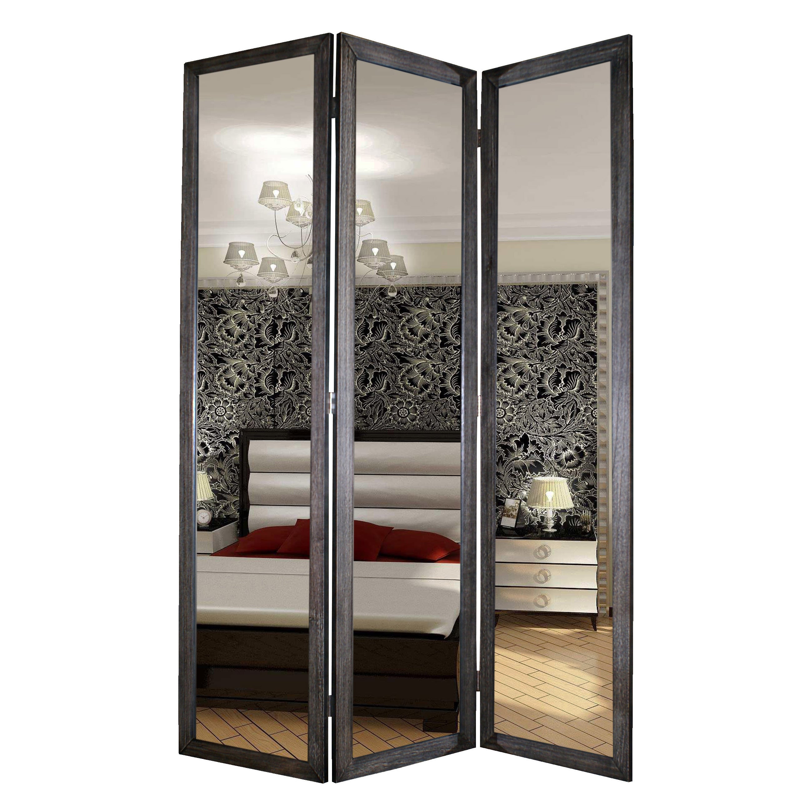 3 Panel Wooden Foldable Mirror Encasing Room Divider, Gray and Silver-zoom-1