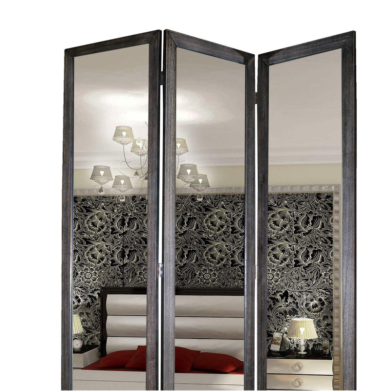 3 Panel Wooden Foldable Mirror Encasing Room Divider, Gray and Silver-zoom-