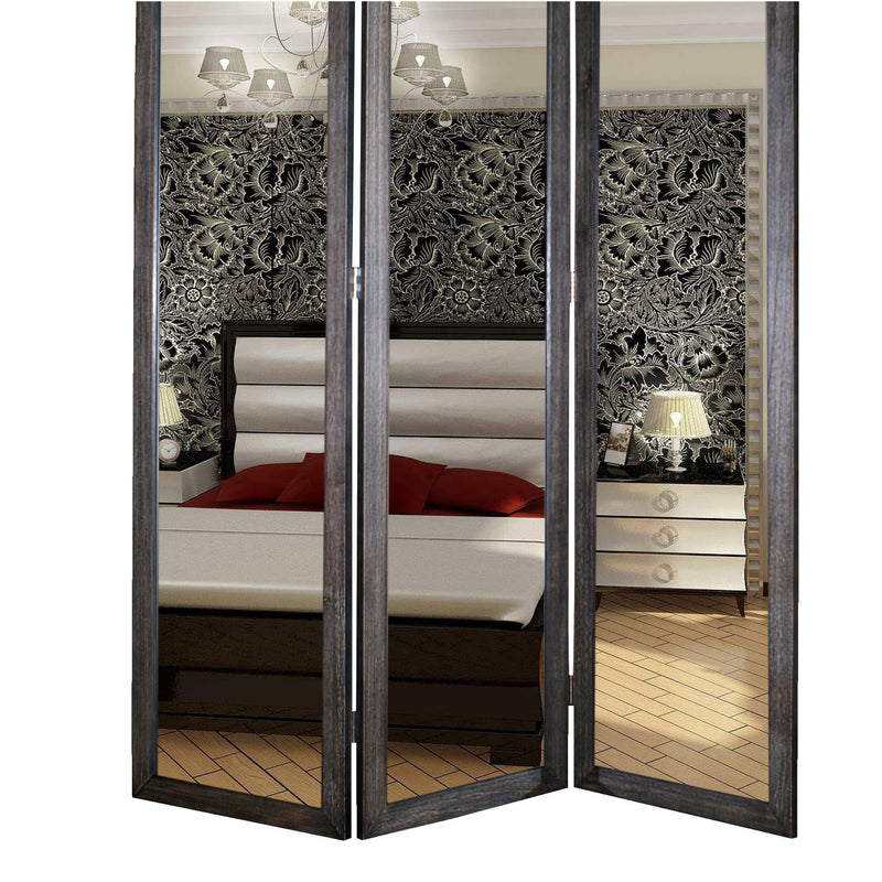 3 Panel Wooden Foldable Mirror Encasing Room Divider, Gray and Silver-zoom-