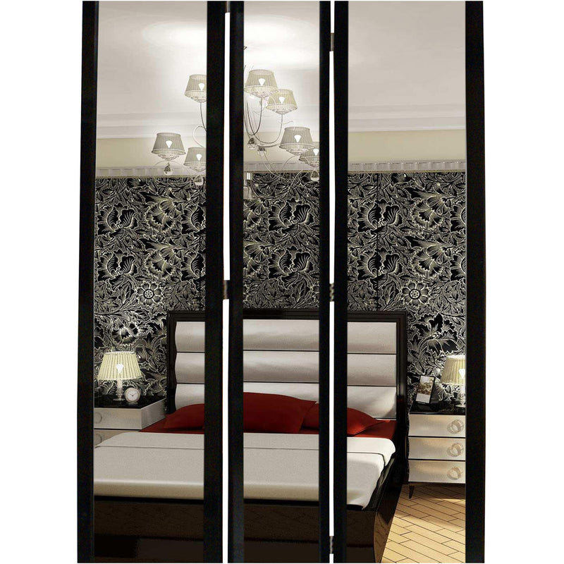 3 Panel Wooden Foldable Mirror Encasing Room Divider, Black and Silver-zoom-