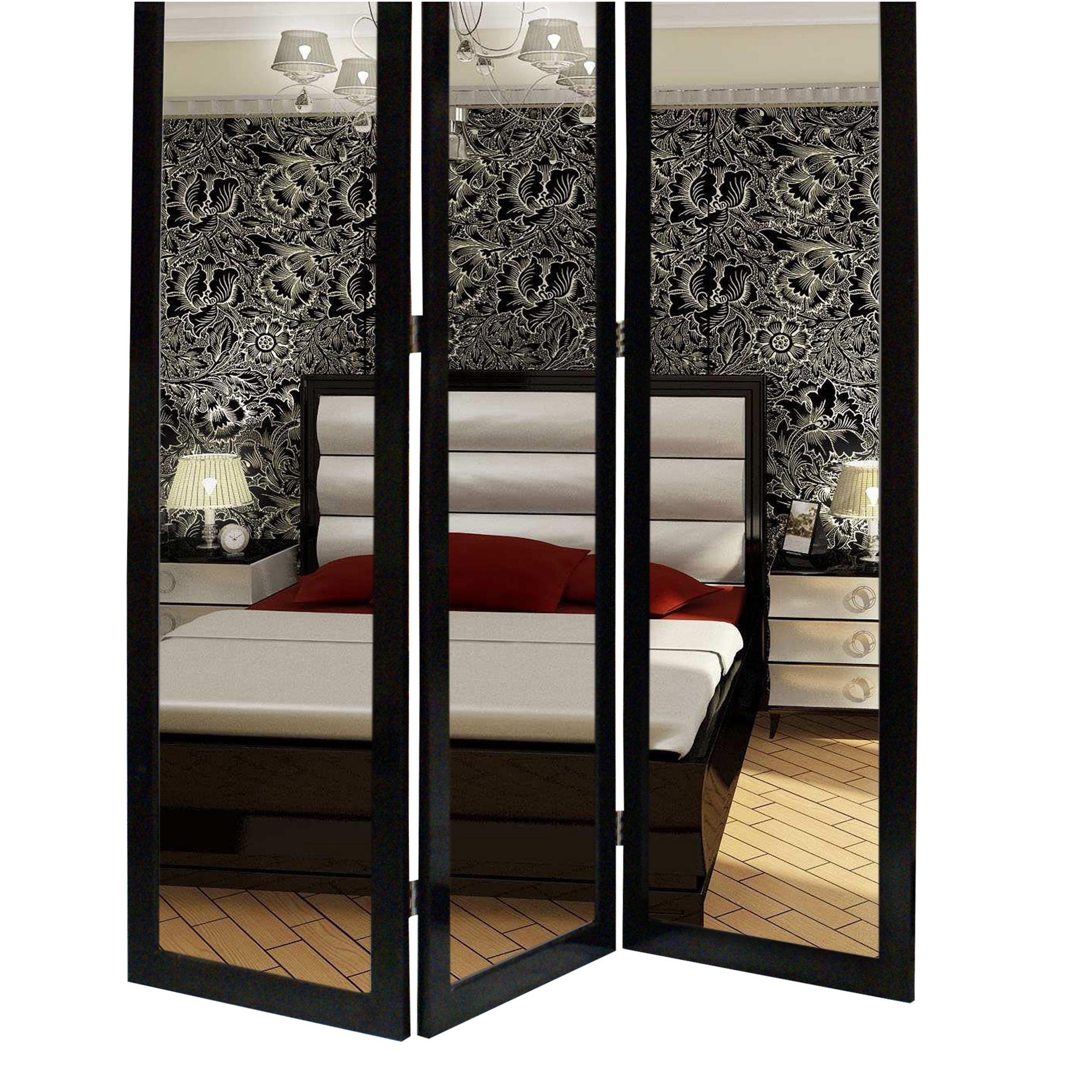 3 Panel Wooden Foldable Mirror Encasing Room Divider, Black and Silver-zoom-4