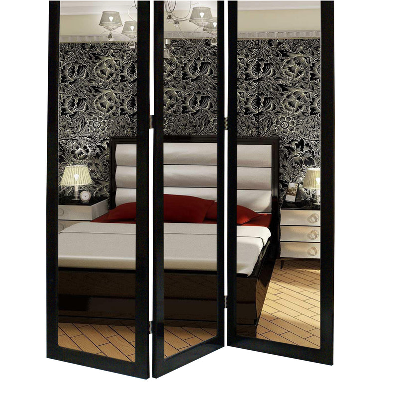 3 Panel Wooden Foldable Mirror Encasing Room Divider, Black and Silver-zoom-