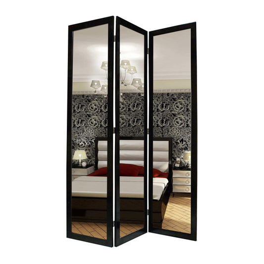 3 Panel Wooden Foldable Mirror Encasing Room Divider, Black and Silver
