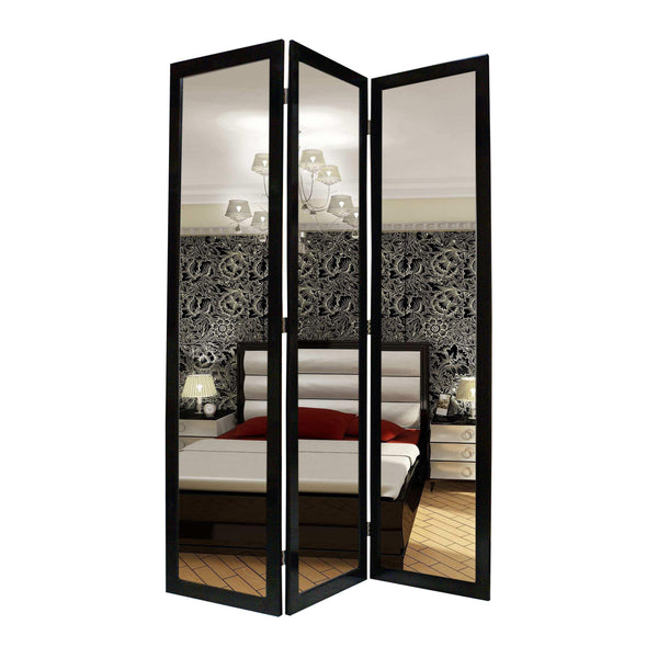 3 Panel Wooden Foldable Mirror Encasing Room Divider, Black and Silver