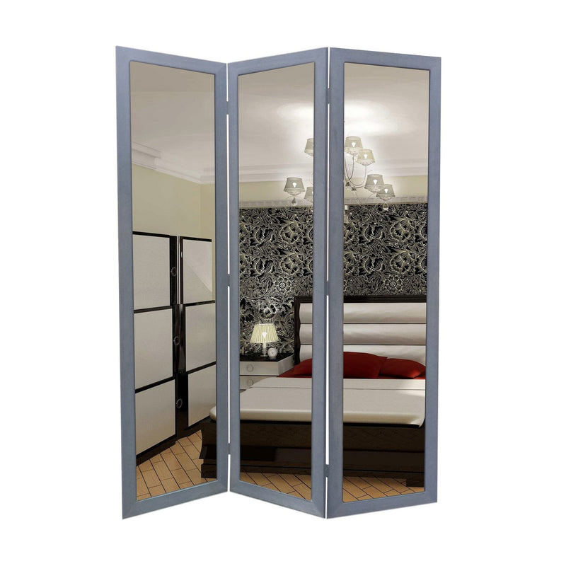3 Panel Wooden Foldable Mirror Encasing Room Divider,Light Gray and Silver-zoom-