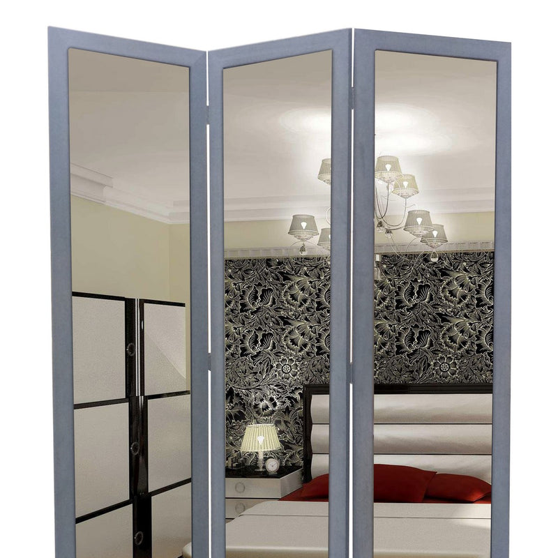 3 Panel Wooden Foldable Mirror Encasing Room Divider,Light Gray and Silver-zoom-