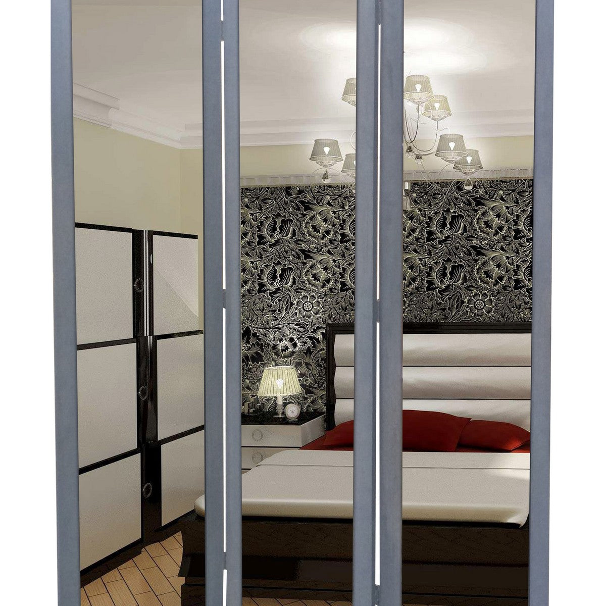 3 Panel Wooden Foldable Mirror Encasing Room Divider,Light Gray and Silver-zoom-3