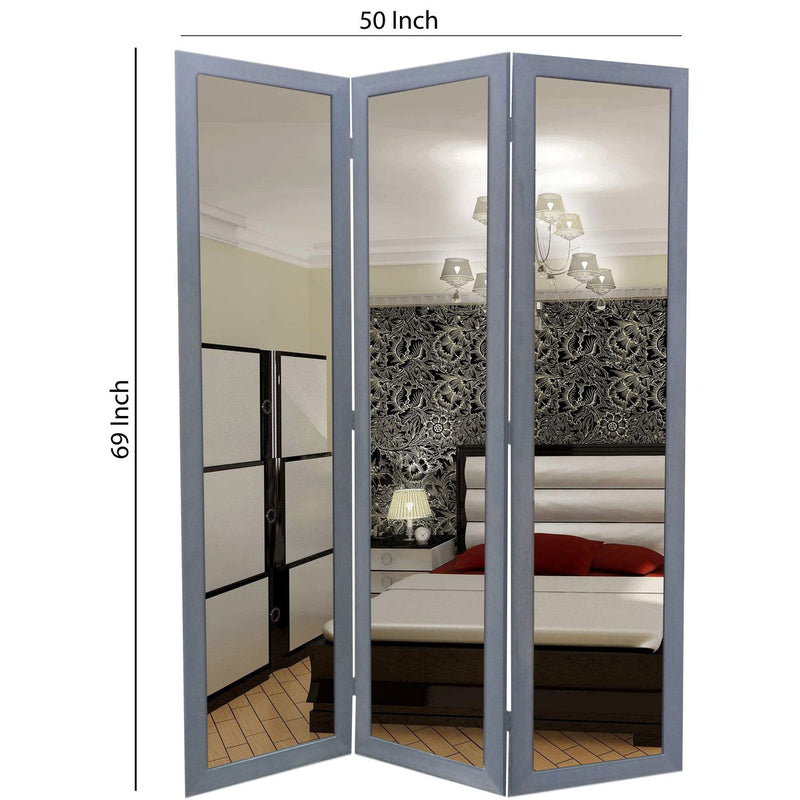 3 Panel Wooden Foldable Mirror Encasing Room Divider,Light Gray and Silver-zoom-