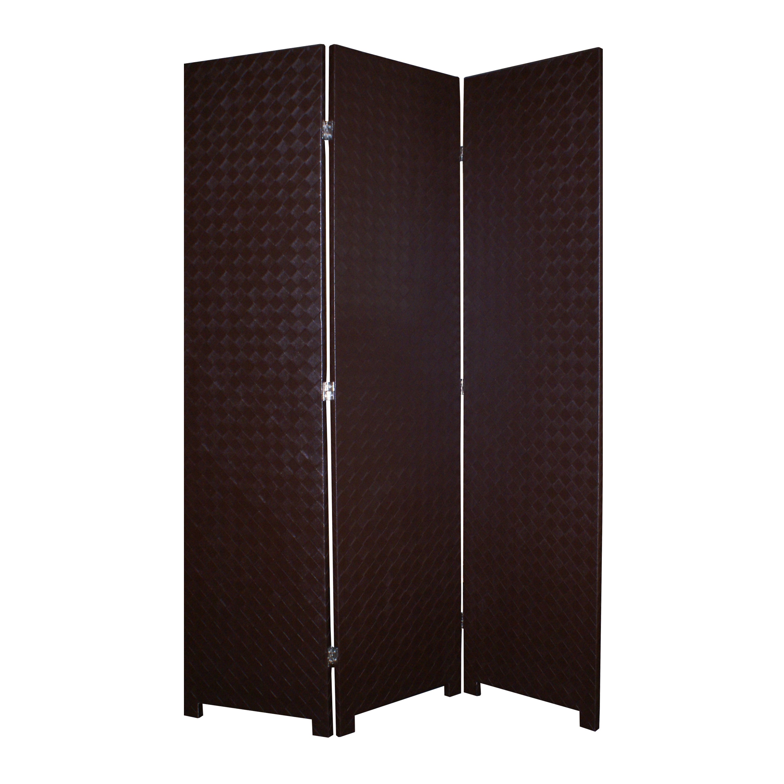 3 Panel Faux Leather Covered Room Divider with Criss Cross Design, Brown-zoom-1