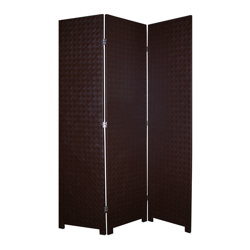 3 Panel Faux Leather Covered Room Divider with Criss Cross Design, Brown-zoom-