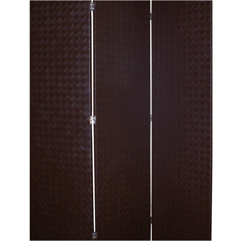 3 Panel Faux Leather Covered Room Divider with Criss Cross Design, Brown-zoom-