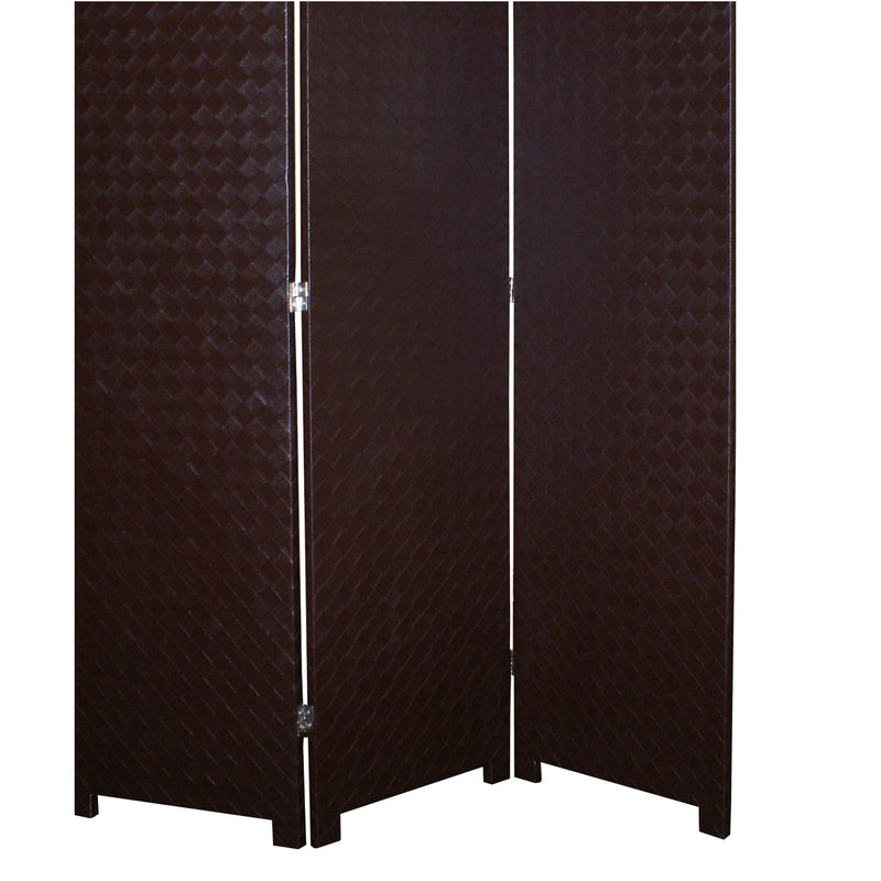 3 Panel Faux Leather Covered Room Divider with Criss Cross Design, Brown-zoom-
