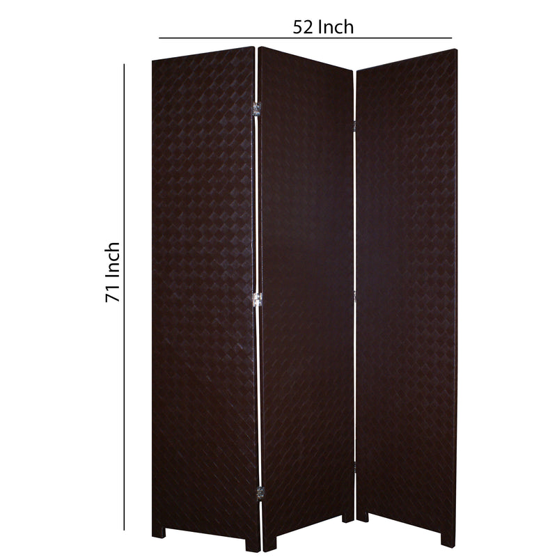 3 Panel Faux Leather Covered Room Divider with Criss Cross Design, Brown-zoom-