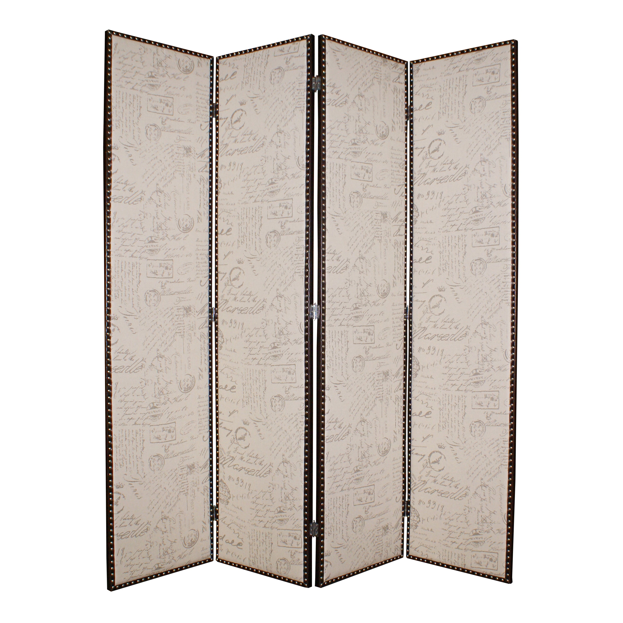 4 Panel Scripted Fabric Wooden Foldable Room Divider, Beige and Brown-zoom-1