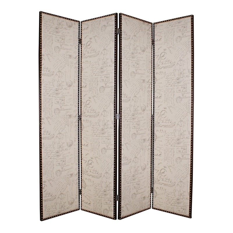 4 Panel Scripted Fabric Wooden Foldable Room Divider, Beige and Brown-zoom-