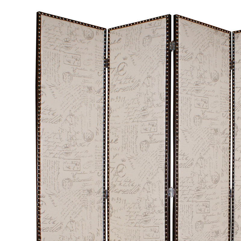 4 Panel Scripted Fabric Wooden Foldable Room Divider, Beige and Brown-zoom-