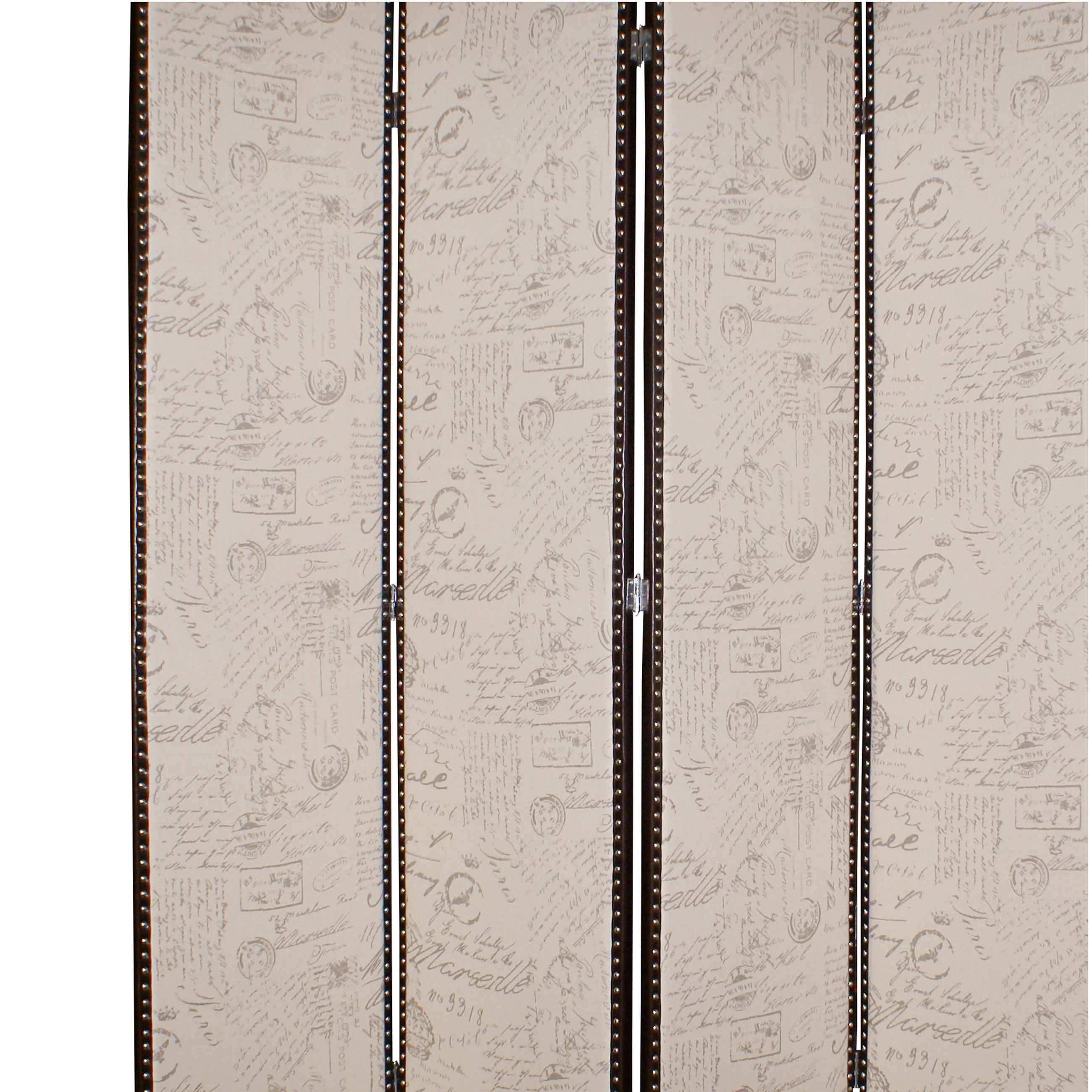 4 Panel Scripted Fabric Wooden Foldable Room Divider, Beige and Brown-zoom-3