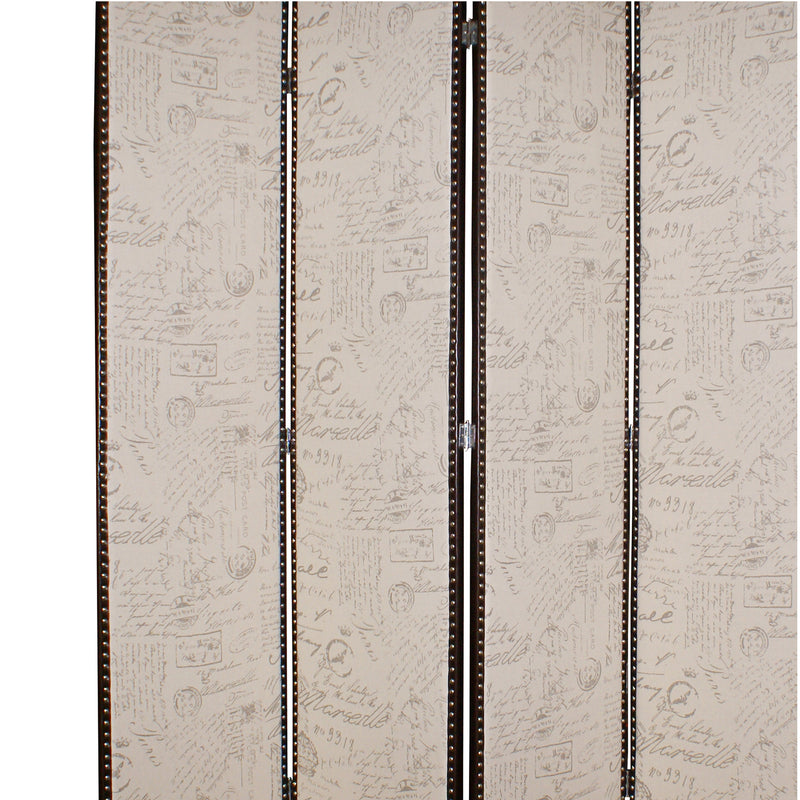 4 Panel Scripted Fabric Wooden Foldable Room Divider, Beige and Brown-zoom-