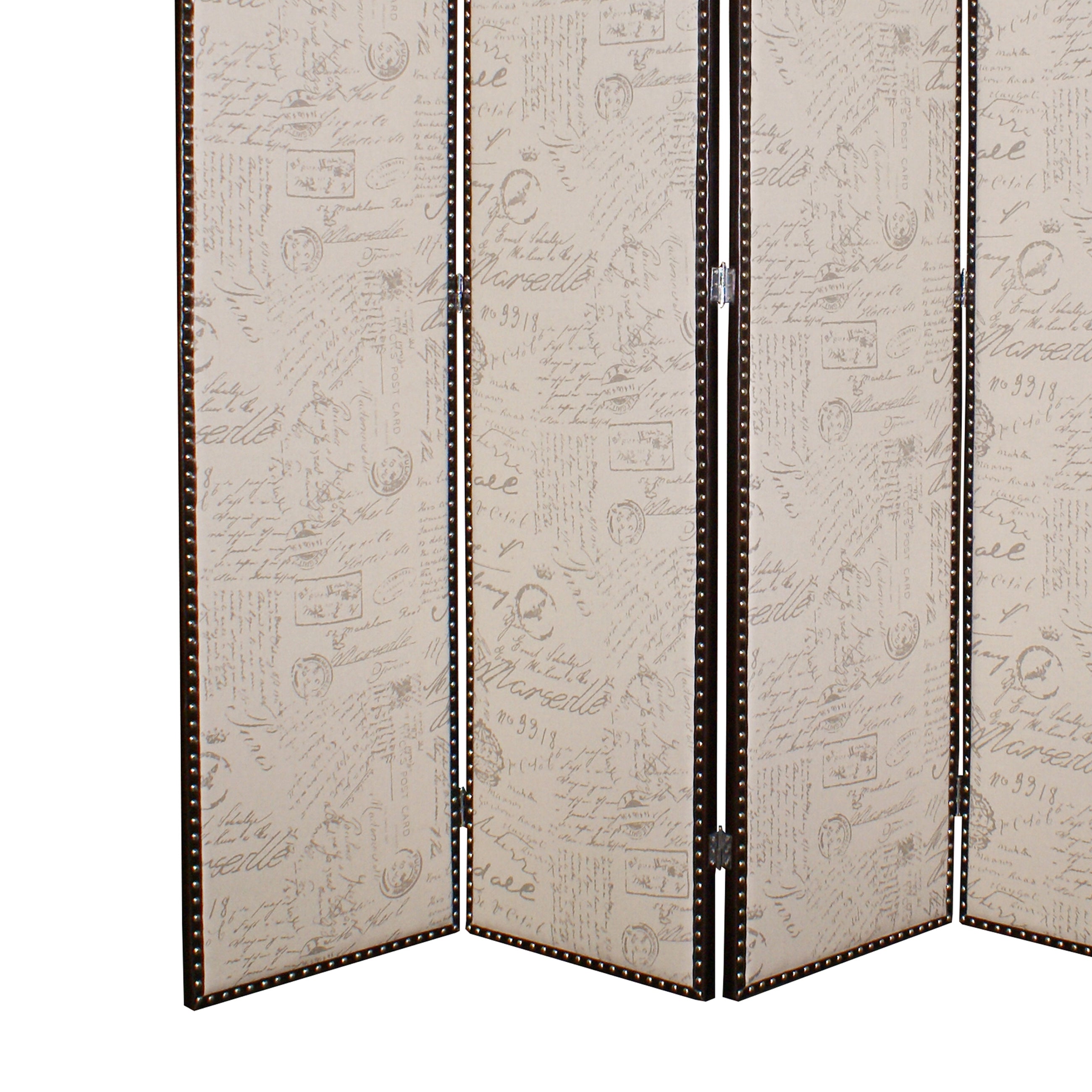 4 Panel Scripted Fabric Wooden Foldable Room Divider, Beige and Brown-zoom-4